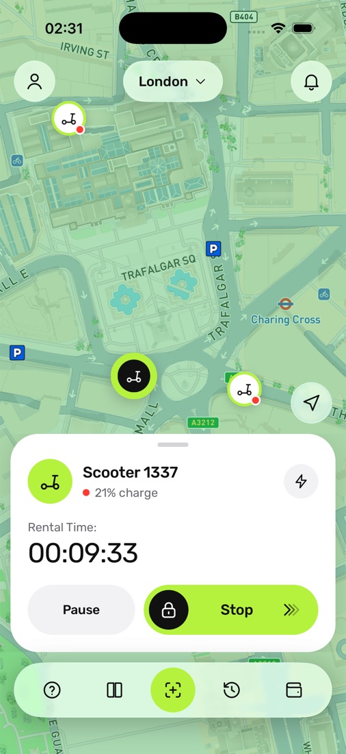 Map with an active ride: timer, pause and end ride