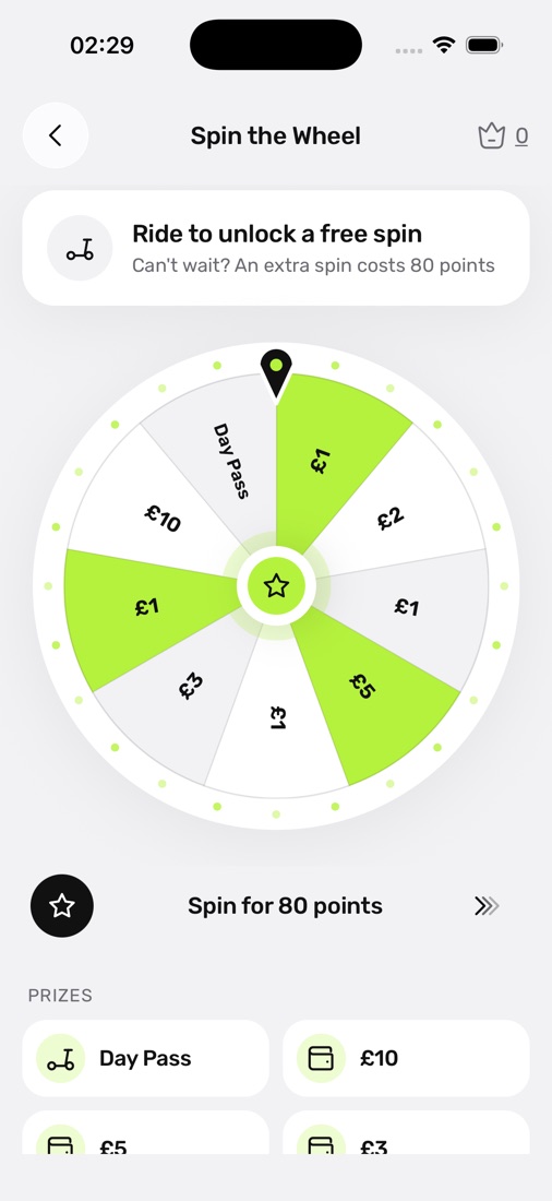 Wheel of fortune in the rider app