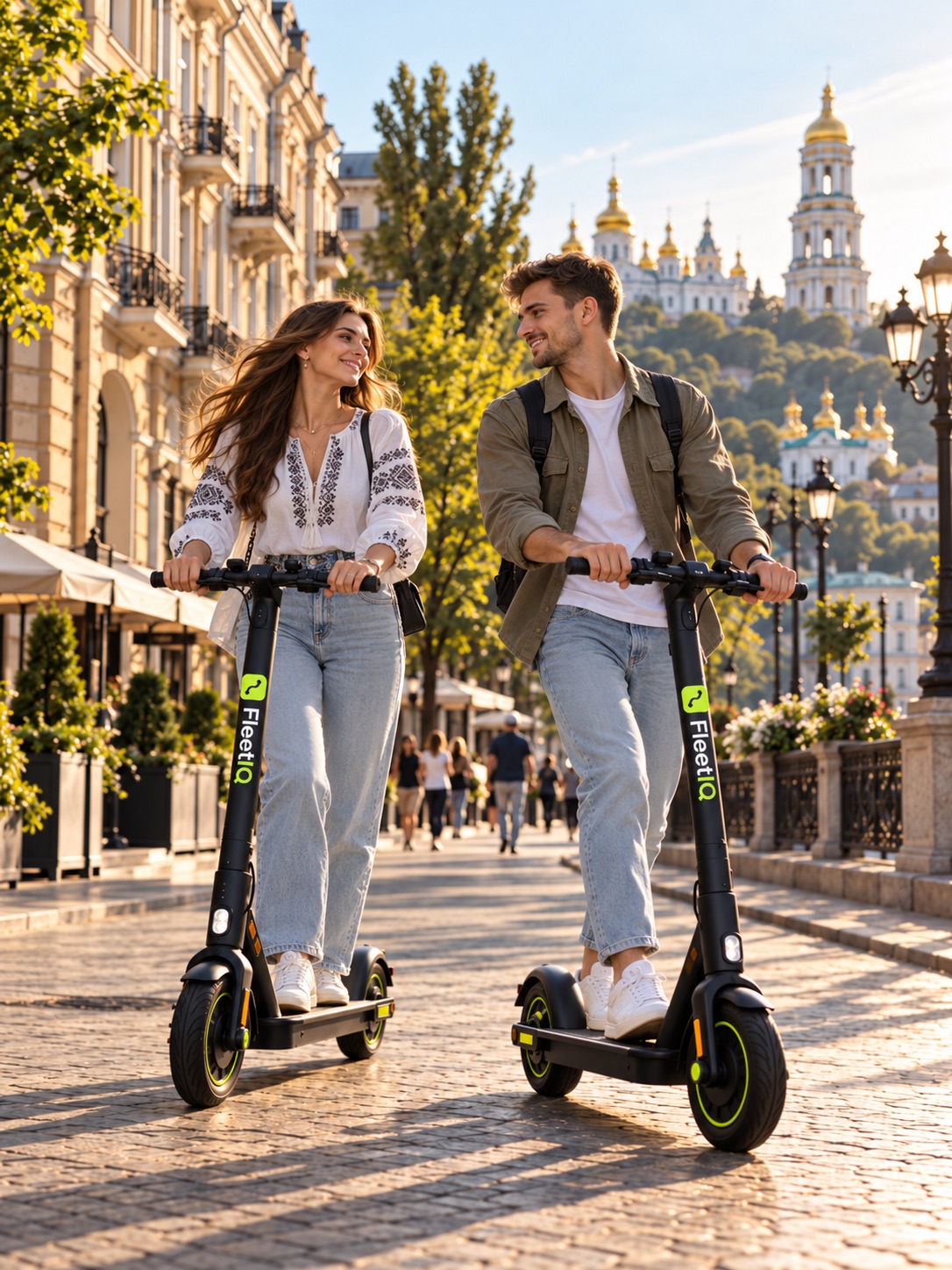 Two riders in embroidered shirts riding FleetIQ scooters along a Kyiv embankment