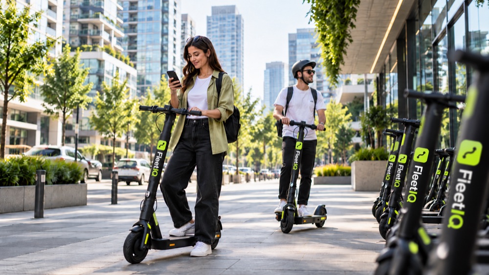 A rider opens the app next to a FleetIQ scooter
