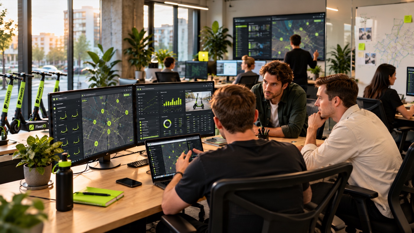 The FleetIQ team in the office working with the fleet map in the CRM
